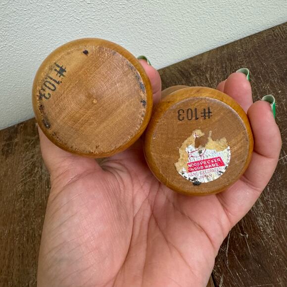 MCM Wood Salt Pepper Shakers Woodpecker Woodware Japan Atomic Mid Century Modern - Picture 5 of 7